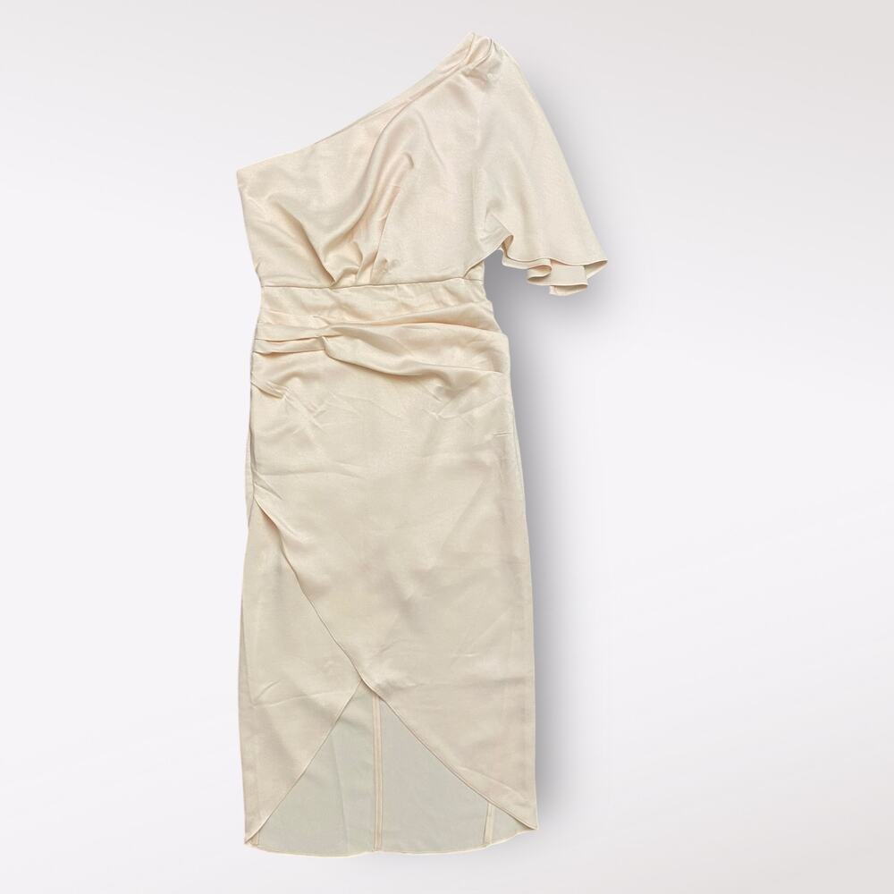 Blue Blush Pink Champagne Satin One Shoulder Midi Cocktail‎ Dress Size S